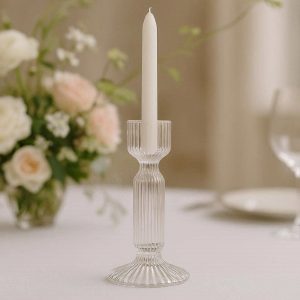 Modern Clear Borosilicate Glass Taper Candle Holder Ribbed Textured Candlestick for Wedding Reception Table