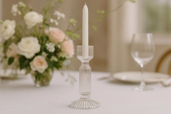 Modern Clear Borosilicate Glass Taper Candle Holder Ribbed Textured Candlestick for Wedding Reception Table