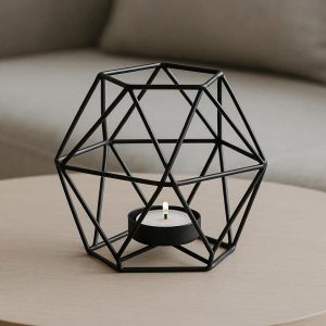 Nordic Matte Black Geometric Wire Candle Holder Minimalist Metal Tealight Stand for Coffee Table