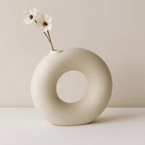 Minimalist Ceramic Circular Hollow Vase Doughnut Shape Flower Pot Modern Abstract Sculpture Geometric Table Ornament
