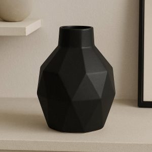 Nordic Style Matte Black Ceramic Vase Geometric Decorative Flower Container for Modern Living Room Shelf and Mantel Display