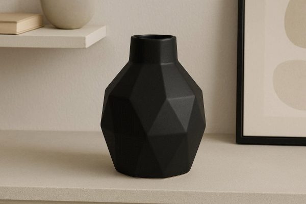 Nordic Style Matte Black Ceramic Vase Geometric Decorative Flower Container for Modern Living Room Shelf and Mantel Display