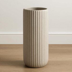 Tall Cylindrical Ceramic Vase with Ribbed Texture Modern Decorative Flower Pot for Entryway Table and Living Room Floor Decor