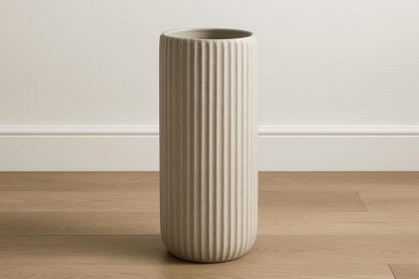 Tall Cylindrical Ceramic Vase with Ribbed Texture Modern Decorative Flower Pot for Entryway Table and Living Room Floor Decor