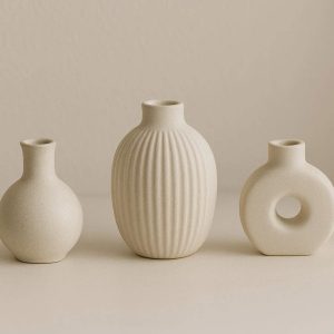 Set of Three Miniature Ceramic Vases Different Shapes and Textures for Modern Shelf Styling and Minimalist Home Decor Accents