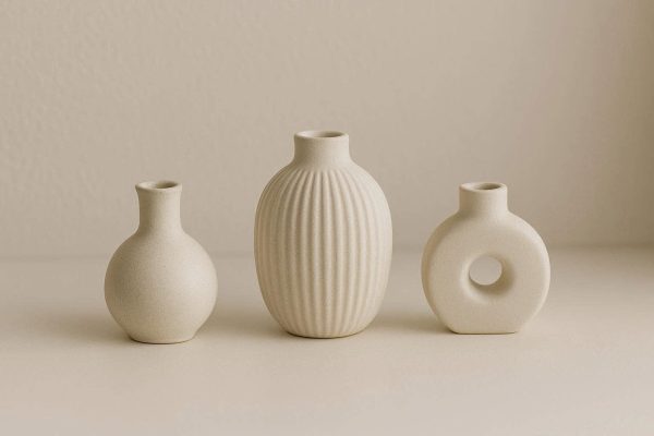 Set of Three Miniature Ceramic Vases Different Shapes and Textures for Modern Shelf Styling and Minimalist Home Decor Accents
